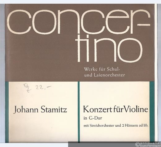  - Konzert für Violine in G-Dur mit Streichorchester und 2 Hörnern ad lib. (= Edition Schott, Nr. 5305). Klavierauszug und Stimmen.