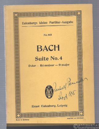  - Suite No. 4 D-Dur für 3 Oboen, Fagott, 3 Trompeten, Pauken, 2 Violinen, Viola und Continuo (= Eulenburgs kleine Partitur-Ausgabe, No. 861).