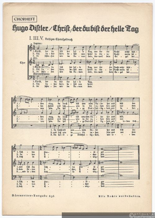  - Christ, der du bist der helle Tag [Kleine geistliche Abendmusik für dreistimmigen gemischten Chor, zwei Geigen und Continuo op. 6 Nr. 1] (= Bärenreiter-Ausgabe 636). Chorheft.