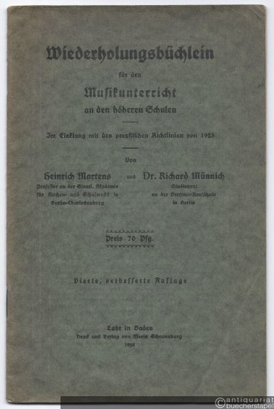  - Wiederholungsbüchlein für den Musikunterricht an den höheren Schulen. Im Einklang mit den preußischen Richtlinien von 1925.