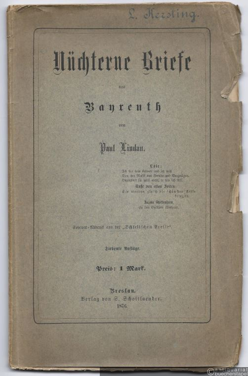  - Nüchterne Briefe aus Bayreuth von Paul Lindau.