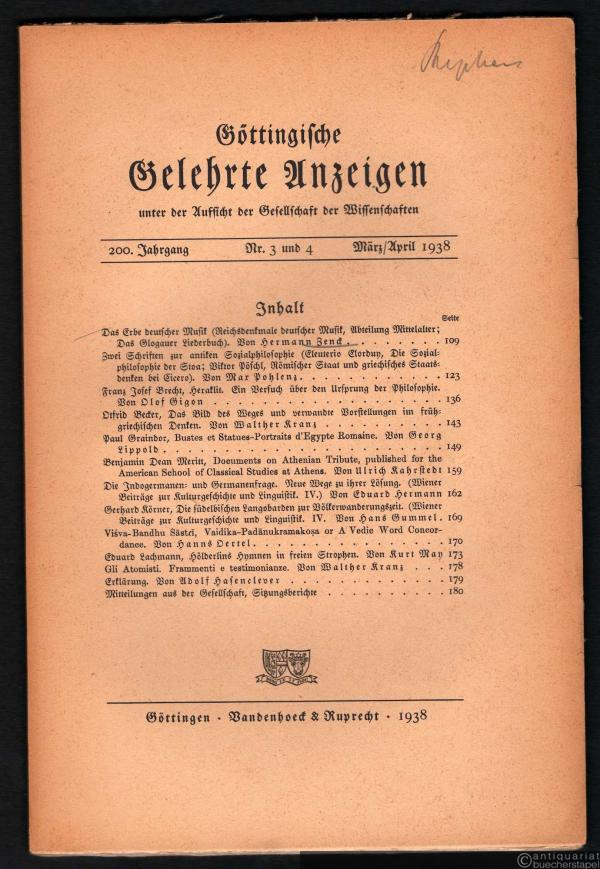  - Göttingische Gelehrte Anzeigen. 200. Jahrgang, Nr. 3 und 4 (März / April 1938).