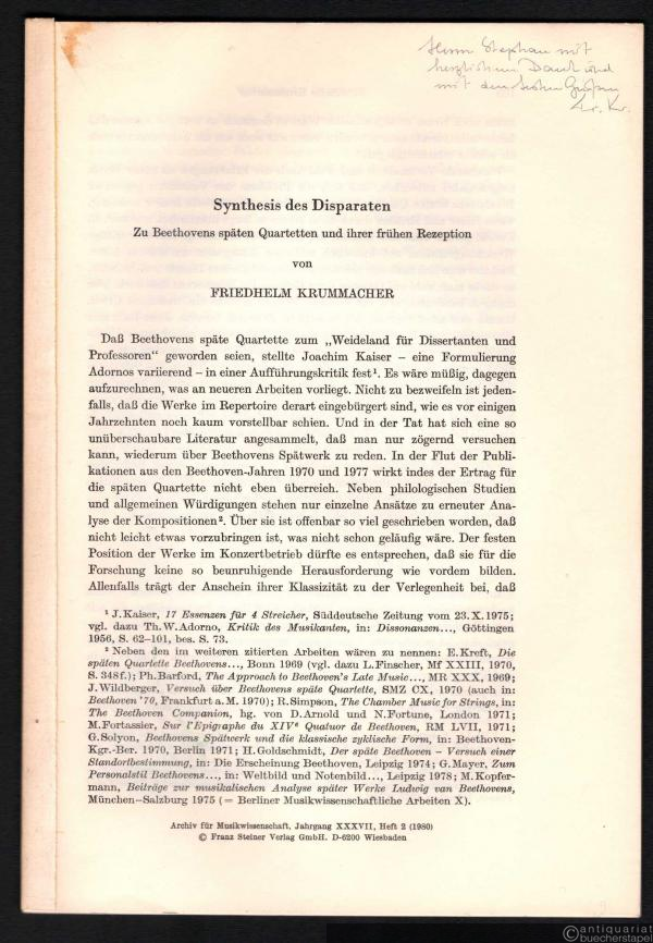  - Synthesis des Disparaten. Zu Beethovens späten Quartetten und ihrer frühen Rezeption (Sonderdruck aus: Archiv für Musikwissenschaft, Jahrgang XXXVII, Heft 2).