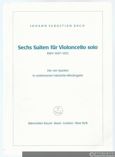  - Johann Sebastian Bach. Neue Ausgabe sämtlicher Werke. Serie VI, Band 2. Sechs Suiten für Violoncello solo (BWV 1007 - 1012). Die vier Quellen in verkleinerter Wiedergabe. Faksimile-Beiband zum Kritischen Bericht von Hans Eppstein.