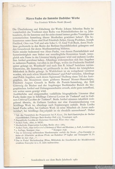  - Aloys Fuchs als Sammler Bachscher Werke [Sonderdruck].