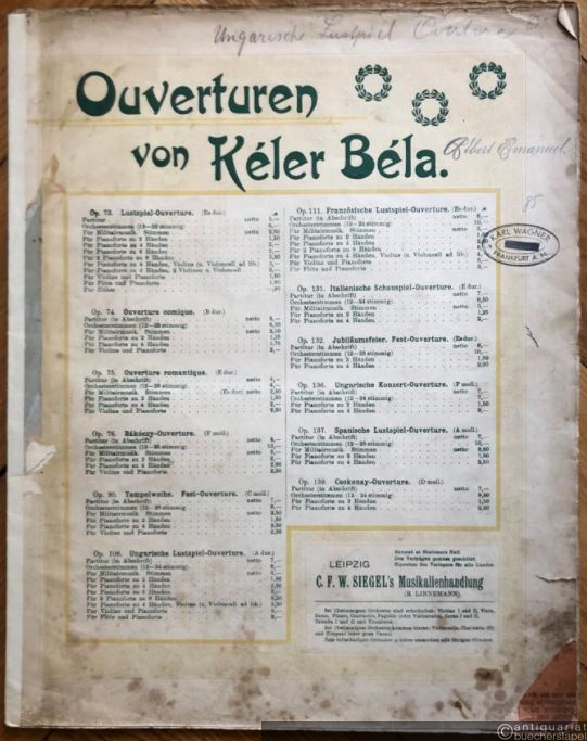  - Ungarische Lustspiel Ouverture, Op. 108 (= Ouverturen von Keler Bela). Für Pianoforte zu zwei Händen.