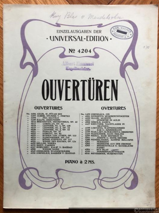  - Ruy Blas, Op. 95 (= Ouverturen. Universal Edition, No. 4204). Piano a 2 ms.
