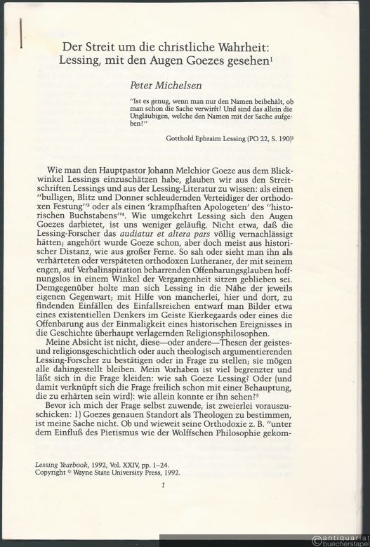  - Der Streit um die christliche Wahrheit: Lessing, mit den Augen Goezes gesehen.