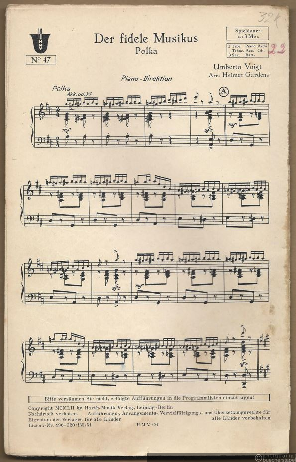  - Der fidele Musikus. Polka (= HMV No. 47). 5 Stimmen.
