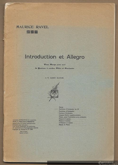  - Introduction et Allegro. Pour harpe avec acct. de quatuor a cordes, flute et clarinette. Partition d'orchestre in 16 [Partitur].