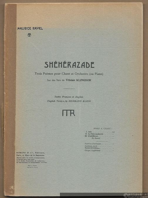 - Sheherazade. Trois poemes pour chant et orchestre (ou piano) sur des vers de Tristan Klingsor. Partition in 16 [Partitur].