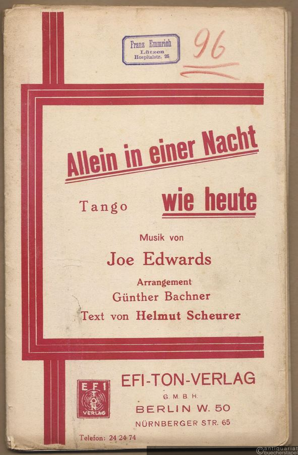 - Allein in einer Nacht wie heute. Tango. Salonorchester. 15 Stimmen.