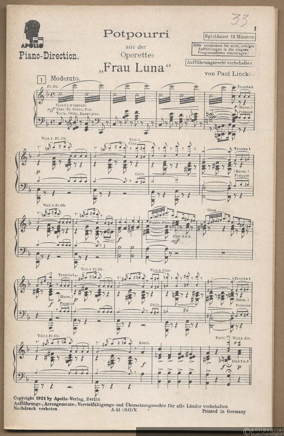  - Potpourri aus der Operette: Frau Luna (= S. O. 41). Salonorchester. 7 Stimmen.