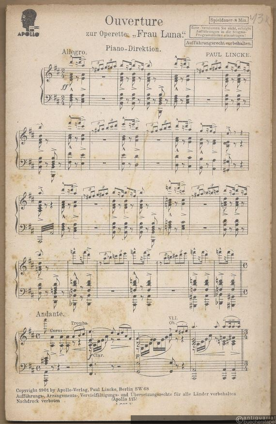  - Ouverture zur Operette: Frau Luna. Salonorchester. 7 Stimmen.