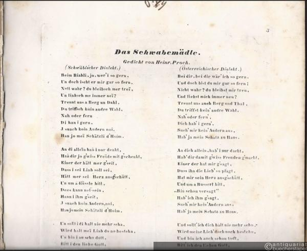  - Das Schwabenmädle. Gedicht und Musik von Heinrich Proch, k. k. Hofoperntheater Kapellmeister, 135tes Werk [unvollständig, Titel u. letzte Seiten (S. 11) fehlen].