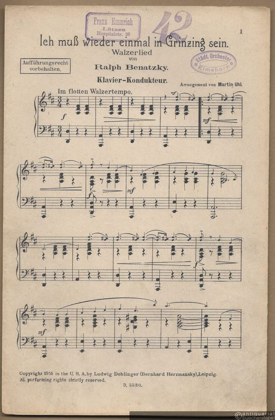  - Ich muß wieder einmal in Grinzing sein. Walzerlied von Ralph Benatzky (= Salonorchester No. 319). 13 Stimmen.