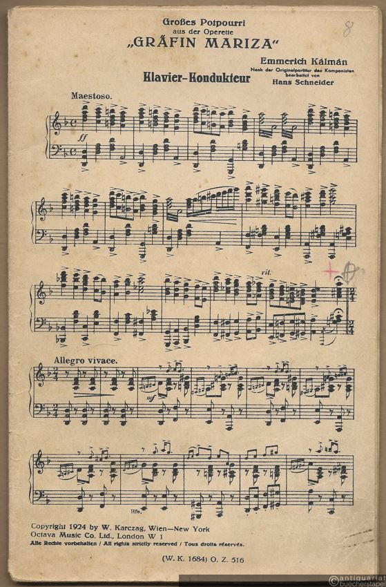  - Großes Potpourri aus der Operette: Gräfin Mariza von Emmerich Kalman. Salonorchester. 17 Stimmen.
