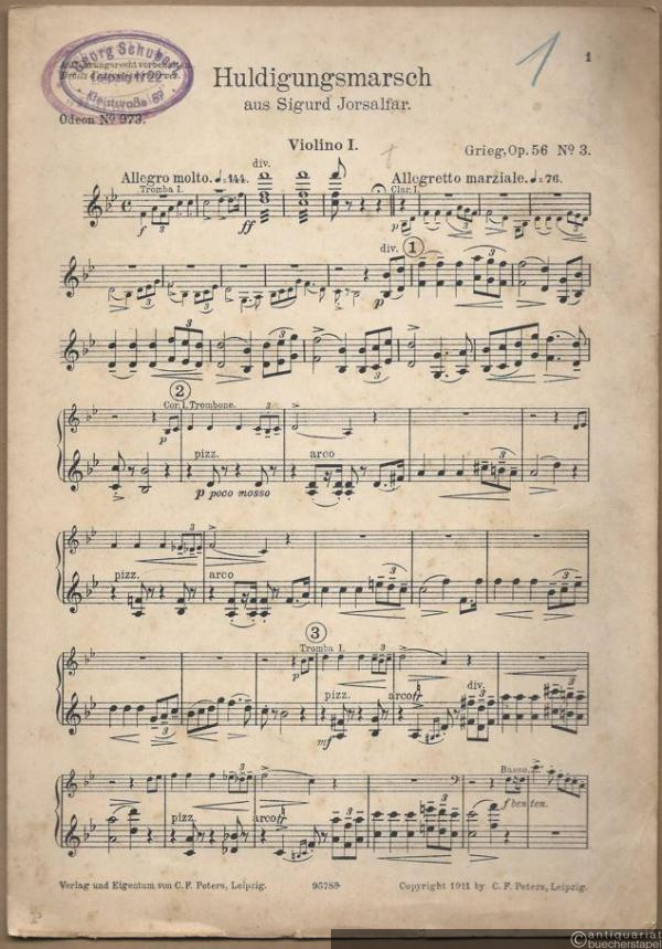  - Huldigungsmarsch aus Sigurd Jorsalfar, Op. 56 No. 3 (= Odeon No. 973). (Salon-)Orchester. 19 Stimmen.