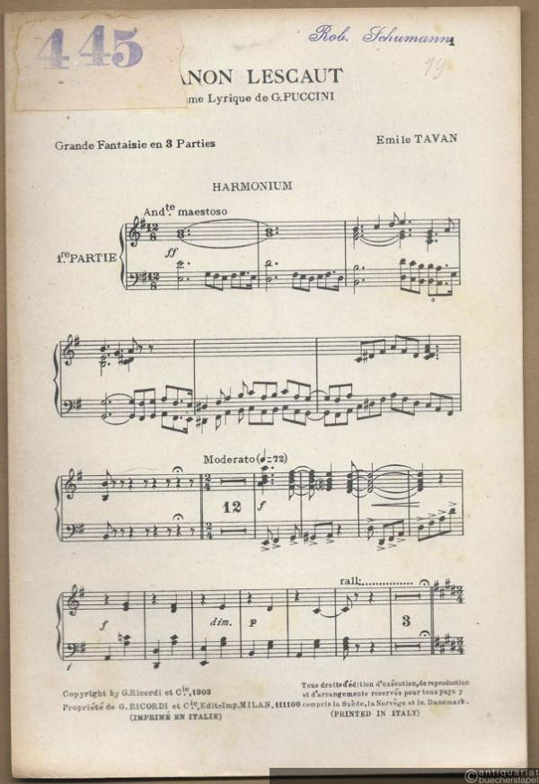  - Manon Lescaut. Drama lyrique de G. Puccini. Grande Fantaisie en 3 Parties. [Pour Orchestre par E. Tavan]. Salonorchester. 13 Stimmen.