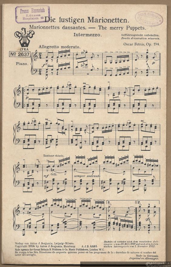  - Die lustigen Marionetten, Op. 194 / Marionnettes dansantes / The merry puppets. Intermezzo (= Lyra No. 2637). Salonorchester. 13 Stimmen.