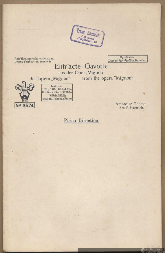  - Entr'acte Gavotte aus der Oper: Mignon (= Lyra No. 3574). Salonorchester. 13 Stimmen.