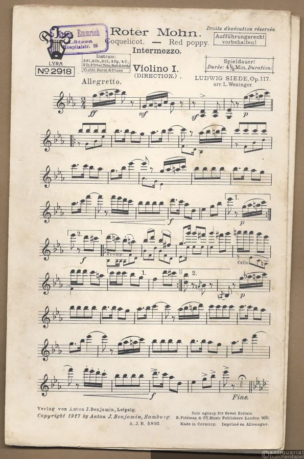  - Roter Mohn, Op. 117. Intermezzo / Coquelicot / Red poppy (= Lyra, No. 2918). Salonorchester. 12 Stimmen.