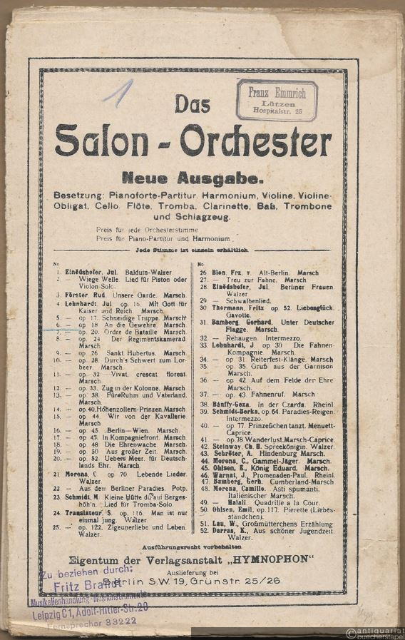  - An die Gewehre, Op. 18. Marsch (= Das Salon-Orchester. Neue Ausgabe, No. 6). 12 Stimmen.