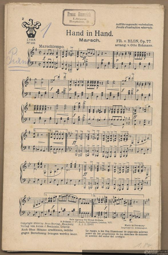  - Hand in Hand, Op. 77. Marsch (= Lyra 223). Salonorchester. 12 Stimmen.