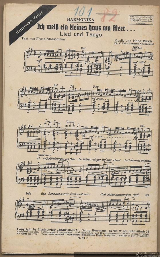  - Ich weiß ein kleines Haus am Meer... Lied und Tango. Salonorchester. 11 Stimmen.