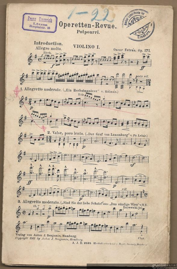  - Operetten-Revue, Op. 171. Humoristisches Potpourri mit überlegtem Text. Salonorchester. 23 Stimmen.