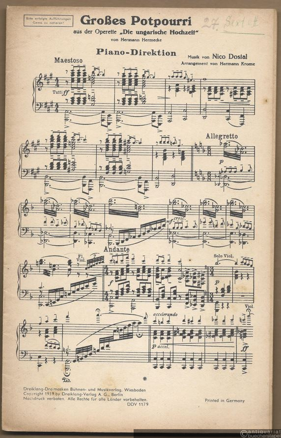  - Großes Potpourri aus der Operette: Die ungarische Hochzeit von Hermann Hermecke. Salonorchester. 6 Stimmen.