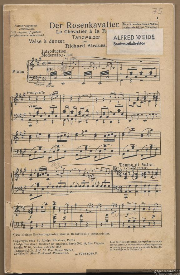  - Der Rosenkavalier. Tanzwalzer / Le chevalier a la rose. Salonorchester. 12 Stimmen.