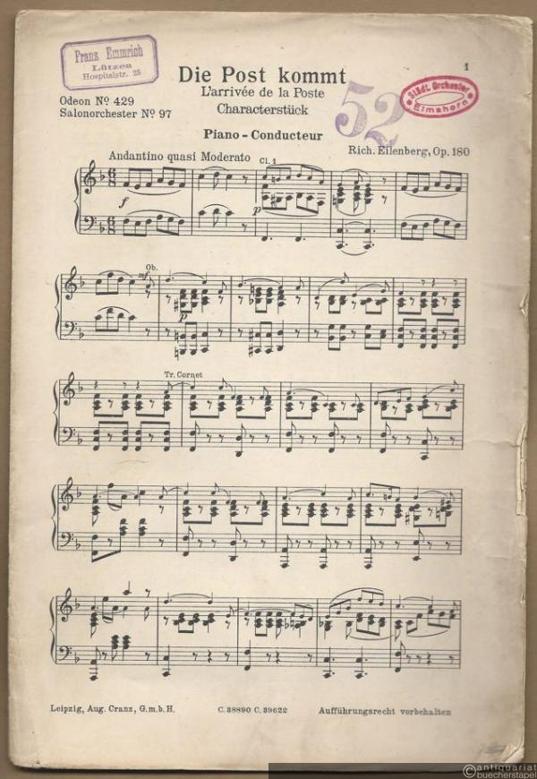  - Die Post kommt, Op. 180. Charakterstück / L'arrive de la poste (= Odeon No. 429. Salonorchester No. 97). 9 Stimmen.