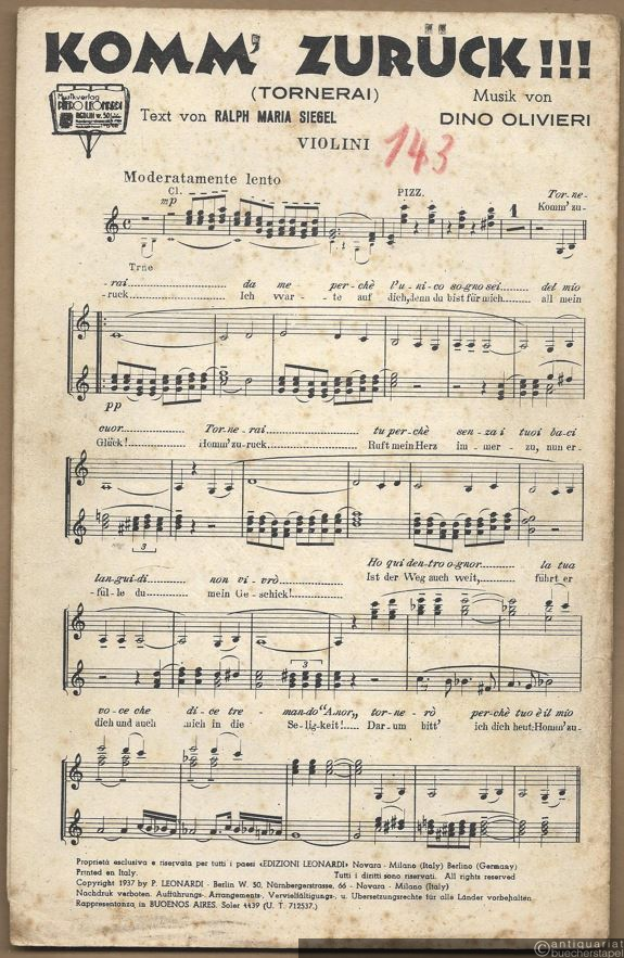  - Komm' zurück!!! (Tornerai) / Mein Geliebter ist ein Bersagliere! (Il mio amore e un bersaglier!) (= Edizioni Leonardi). Salonorchester. 11 Stimmen.