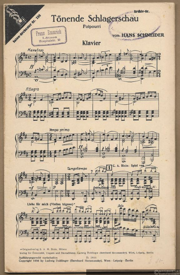  - Tönende Schlagerschau. Potpourri (= Salonorchester Nr. 738). 17 Stimmen.
