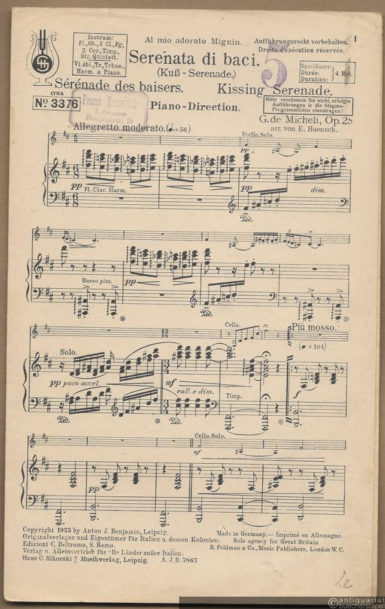  - Serenata di baci (Kuß-Serenade), Op. 25 / Serenade des baisers / Kissing serenade (= Lyra, No. 3376). Salonorchester. 15 Stimmen.