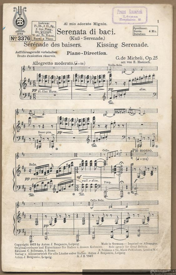  - Serenata di baci (Kuß-Serenade), Op. 25 / Serenade des baisers / Kissing serenade (= Lyra, No. 3376). Salonorchester. 23 Stimmen.