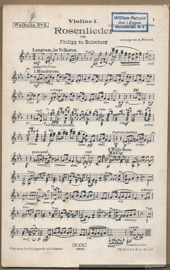  - Rosenlieder (= Walhalla No. 5). Salonorchester. 5 Stimmen.