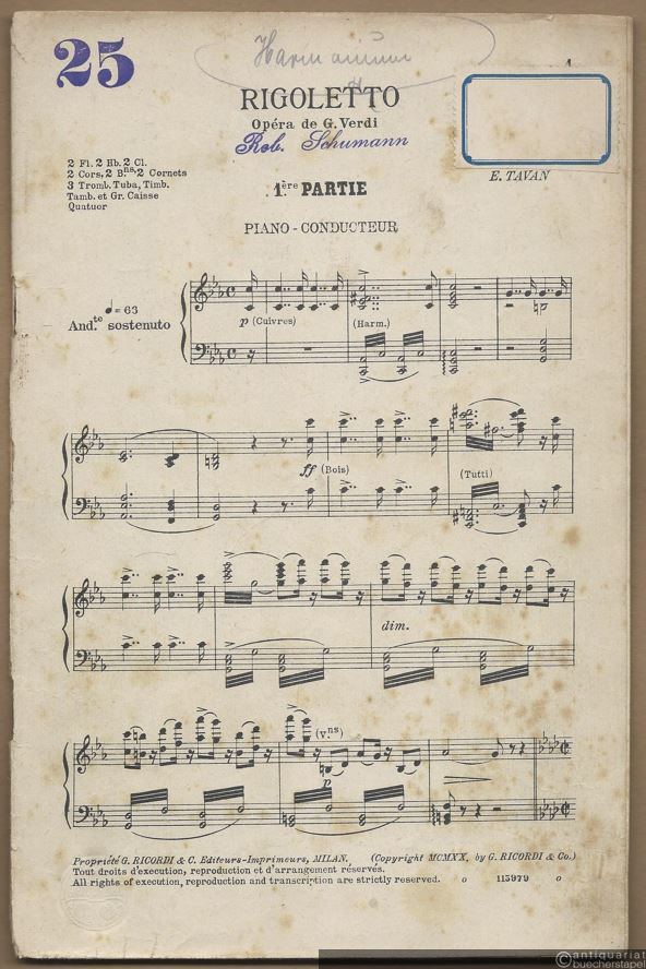  - Rigoletto. Opera de G. Verdi. Grande Fantaisie par E. Tavan. 1ere u. 2me Partie (in 1). Salonorchester. 12 Stimmen.