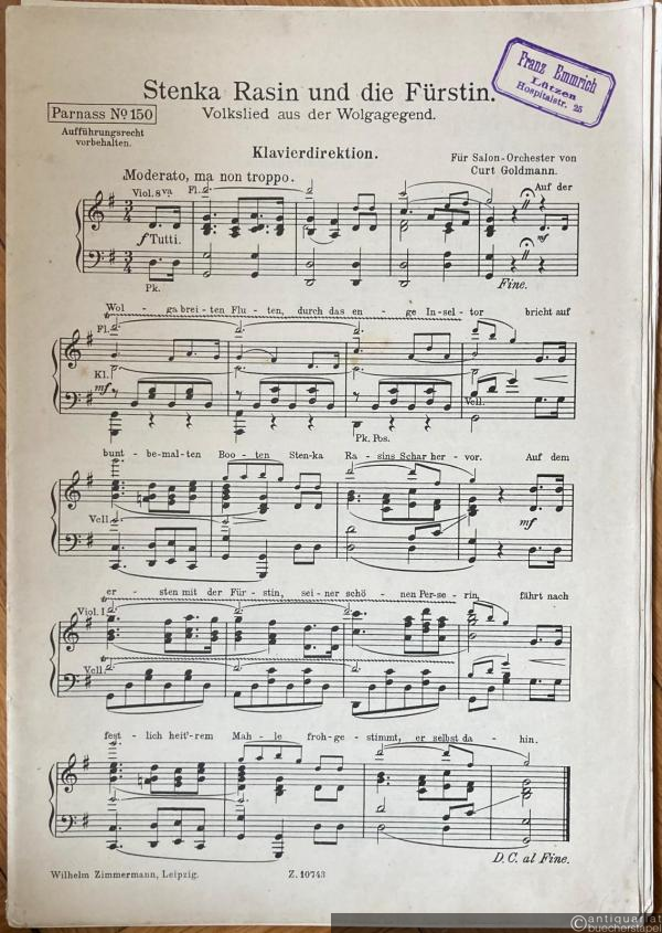  - Stenka Rasin und die Fürstin. Volkslied aus der Wolgagegend (= Parnass, No. 150). Salonorchester. 12 Stimmen.
