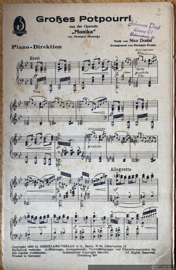  - Großes Potpourri aus der Operette: Monika, von Hermann Hermecke. Salonorchester. 17 Stimmen.