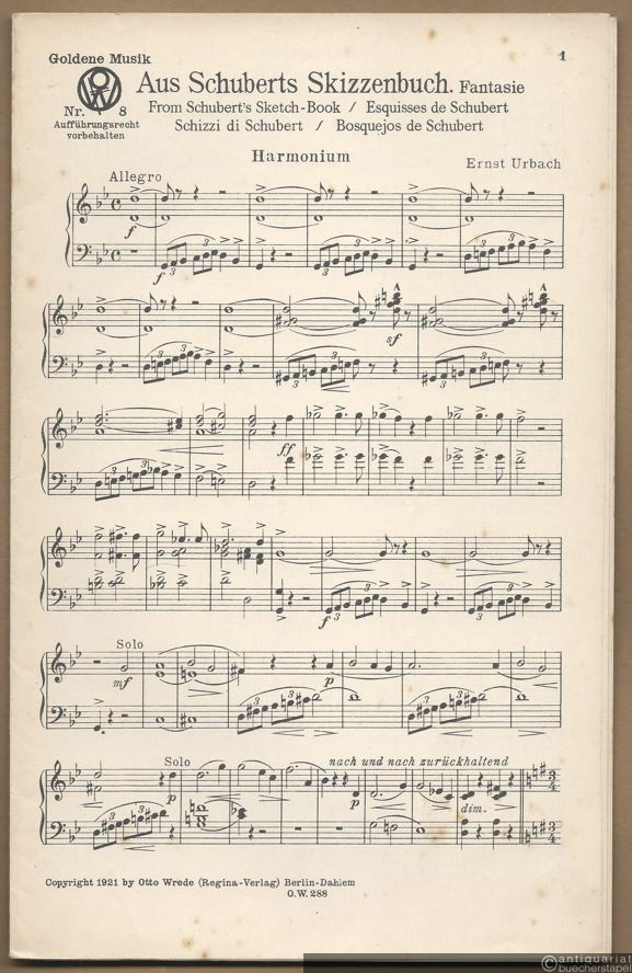  - Aus Schuberts Skizzenbuch (= Goldene Musik. Fantasien ausgewählter Schöpfungen unserer Meister von Ernst Urbach. 1. Folge, Nr. 8). Salonorchester. 15 Stimmen.