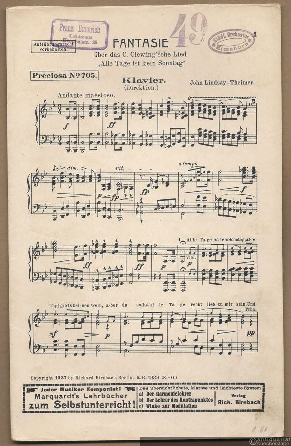  - Fantasie über das C. Clewing'sche Lied: Alle Tage ist kein Sonntag (= Preciosa No. 705). Salonorchester. 9 Stimmen.