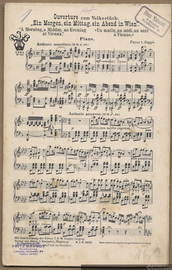  - Ouverture zum Volksstück: "Ein Morgen, ein Mittag, ein Abend in Wien" (= Lyra No. 343). Salonorchester. 17 Stimmen.