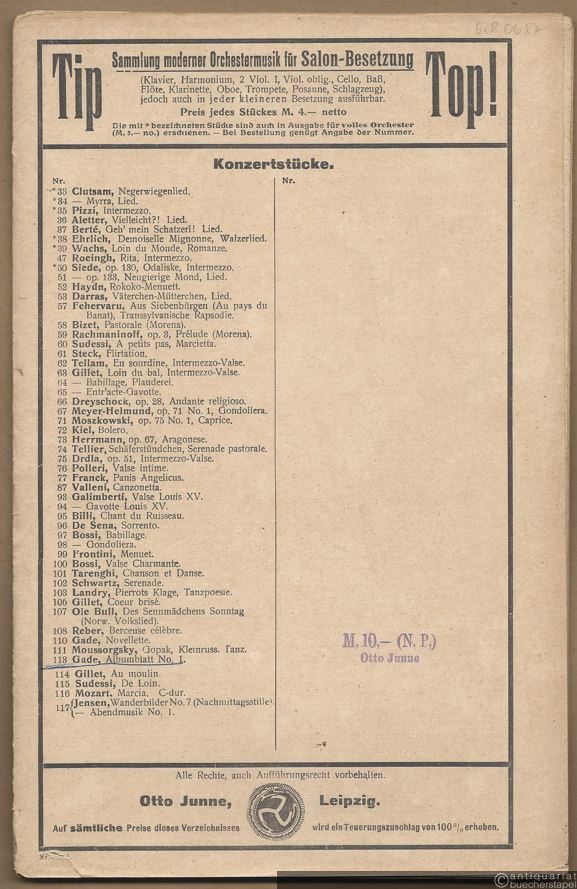  - Albumblatt No. 1 (= Tip Top. Sammlung moderner Orchestermusik für Salon-Besetzung. Konzertstücke, Nr. 113). Salonorchester. 10 Stimmen.