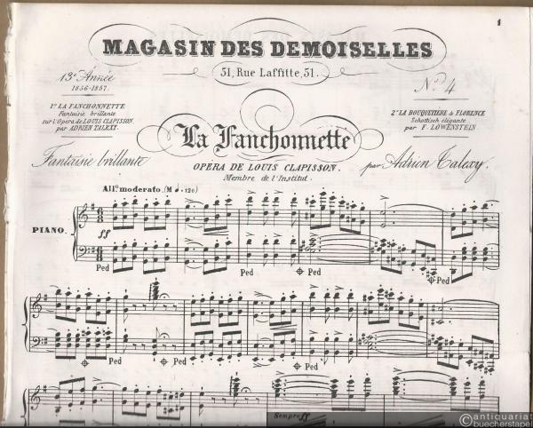  - La Fanchonnette. Fantaisie brillante sur l'Opera de Louis Clapisson par Adrien Talexy / La Bouquetiere de Florence. Schottisch elegante par F. Löwenstein (= Magasin des Demoiselles, 13e annee (1856-1857), No. 4). Piano.