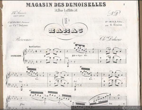  - Le Hamac. Berceuse par Ch.es Delioux / Mina. Polka par G. Greive (= Magasin des Demoiselles, 14e annee (1857-1858), No. 8). Piano.