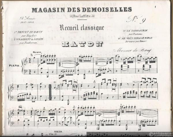  - Menuet du boeuf par Haydn / Fragment de Sonate par Beethoven / Le Tambourin par Rameau / Ah! Vous dirai-je Maman. Air varie par Mozart (= Magasin des Demoiselles, 14e annee (1857-1858), No. 9. Recueil classique). Piano.