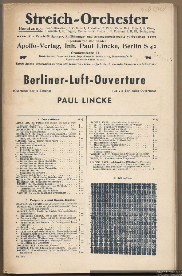  - Ouverture zu "Berliner Luft". [Salon-]Orchester. 21 Stimmen.
