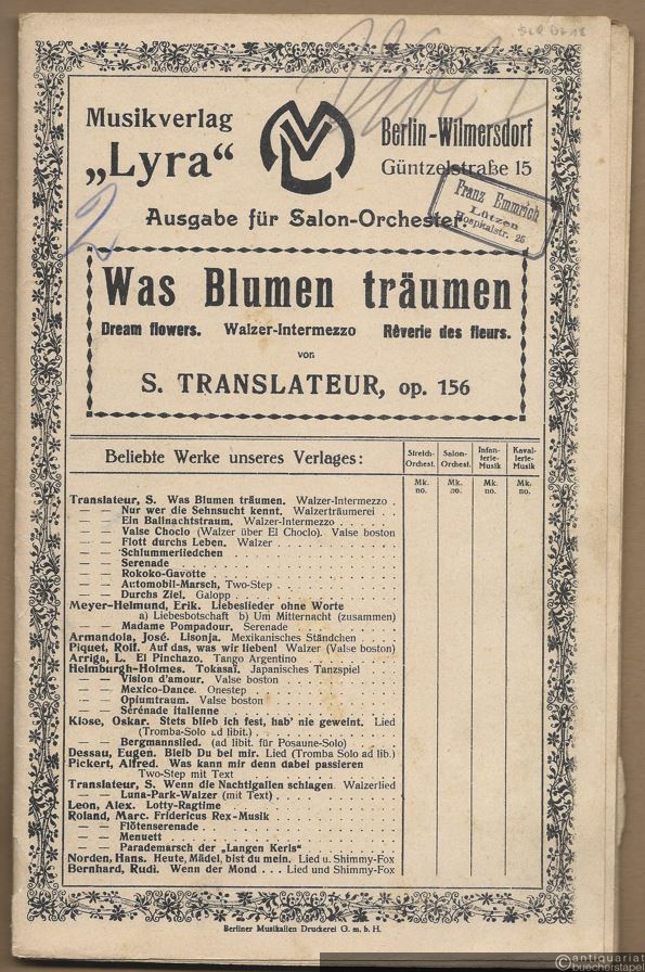  - Was Blumen träumen, Op. 156. Walzer-Intermezzo für Streichquintett / Dream flowers / Reverie des fleurs [= Beliebte Werke für Konzert, Kino und Tanz]. Ausgabe für Salonorchester. 14 Stimmen.